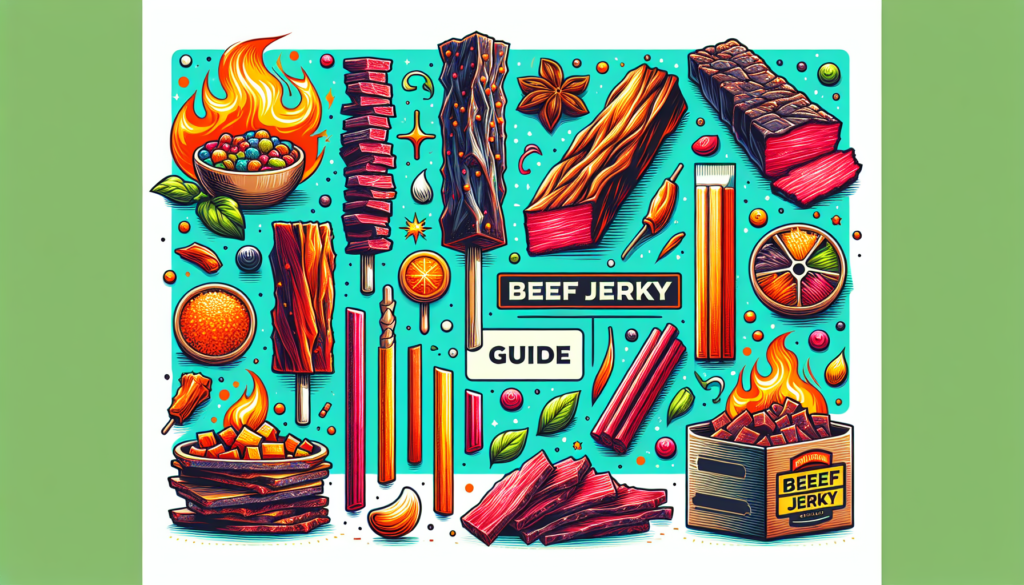 Create an enticing artistic representation of Beef Jerky Sticks. The image should illustrate various types of Beef Jerky Sticks, indicating a guide for a delicious snack. There should be no text in this illustration. Use a bright and vibrant color palette for a modern and appealing look. Include elements that suggest the stick's flavor, texture, and ingredients.