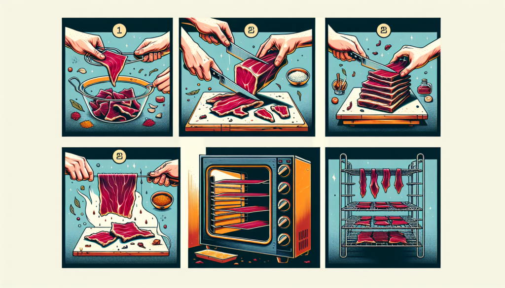 A step-by-step visual guide on making Beef Jerky, represented in a modern and colorful style. The first step shows fresh beef getting cut into thin strips, followed by a depiction of the meat being marinated with various spices. Next, a drying process, capturing the preparation of the oven and the arrangement of the meat on a wire rack for drying. Finally, the last images show the completion of the process with perfectly dehydrated jerky ready for consumption. No text or labels are used, allowing the vivid, informative illustrations to speak for themselves.