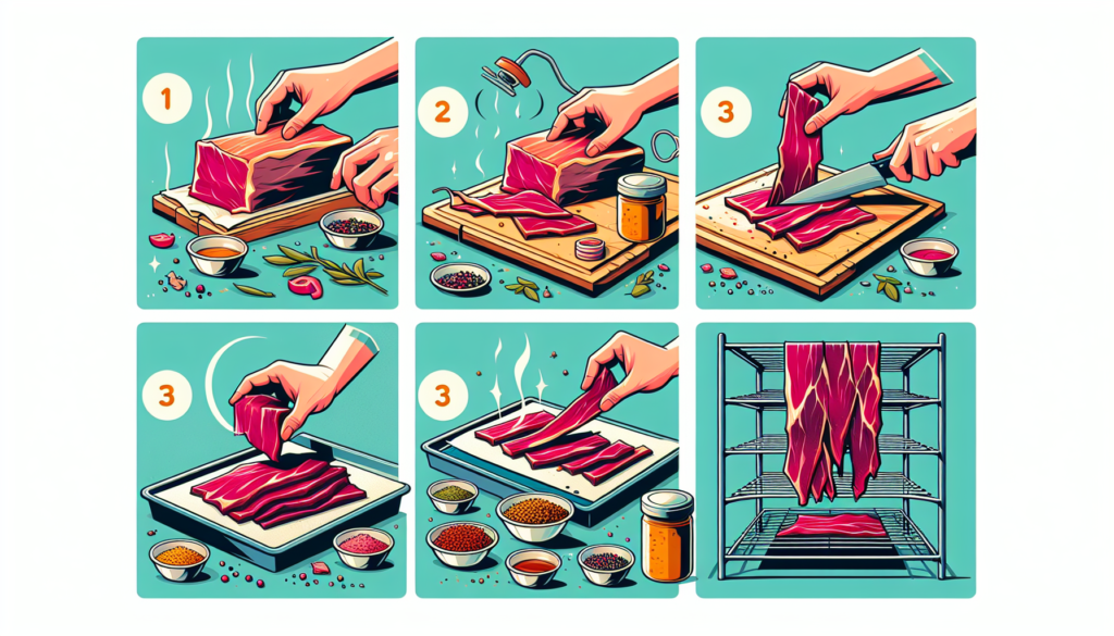 Illustration of a step-by-step homemade beef jerky recipe in a modern and colorful style. The first step shows fresh beef being sliced thinly. The second step demonstrates the meat being marinated with various spices. The third step shows the marinated beef drying on a rack. The final step shows the dried beef jerky, ready to be enjoyed. All of these steps are shown in vibrant, lively colors.