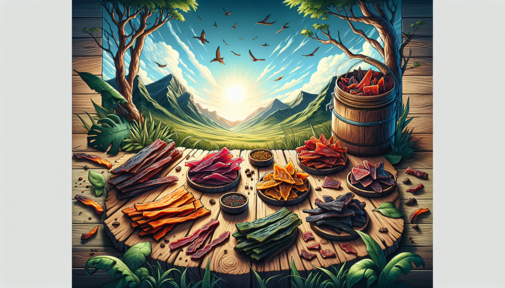 An exploration of wild, appetizing flavors represented by an assortment of beef jerky laid out on a rustic wooden table. The table is in an outdoor setting, surrounded by wild green vegetation under a blue sky. The jerky varies in color shades representing different flavors. The style is vibrant and modern.