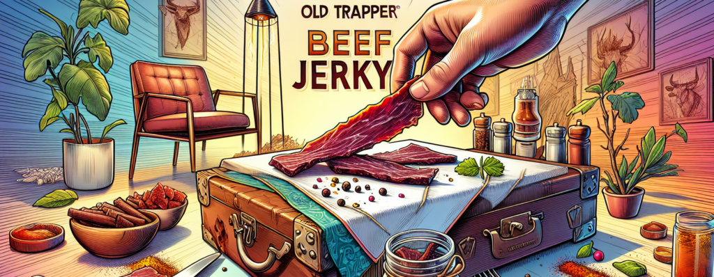 Create an image showcasing the adventure of tasting Old Trapper Beef Jerky. The scene should be colorful and set in a modern context. Maybe a hand reaching out to pick up a piece of jerky off an elegantly set modern table. A variety of spices and flavors might surround the jerky, illustrating the tastes it has to offer. The setting could further showcase modern elements, like sleek furniture, fancy cutlery, or artistic decor. Ensure that this image is without any text or words, making this a purely illustration-based depiction.
