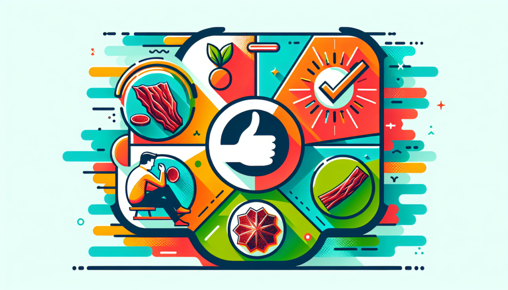 An overview on the topic of Beef Jerky as a healthy snack, portrayed as a colorful and modern illustration. Showcase it with lively colors and contemporary graphic elements. Picture should include relevant images such as pieces of Beef Jerky, a check mark for positivity, a healthy human figure enjoying the snack, and a radiating sun to symbolize healthiness. Make sure all elements are represented in a sleek and stylish fashion to highlight the modern aspect.
