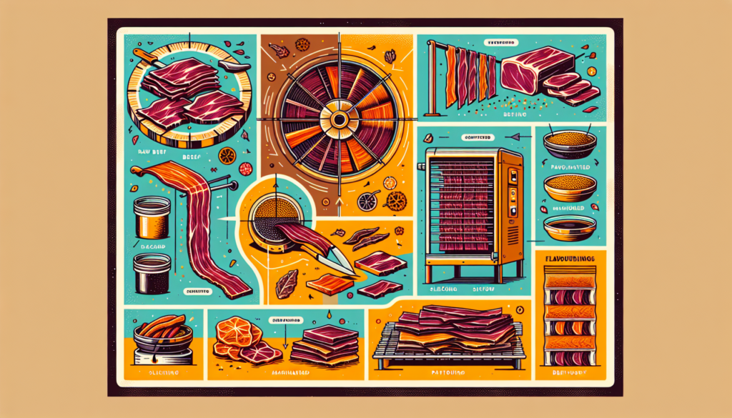 A vibrant, modern illustration guide displaying the process of making beef jerky. On the left, raw beef is being sliced into thin strips. In the middle, those strips are being seasoned and marinated. On the right, the marinated beef is being dried in a dehydrator. The illustration also includes different types of slicing techniques at the top and various flavourings at the bottom. The color palette is filled with warm and rich hues like roasted brown, brassy orange, and mustard yellow, combined with neutral colors presenting an appealing contrast.