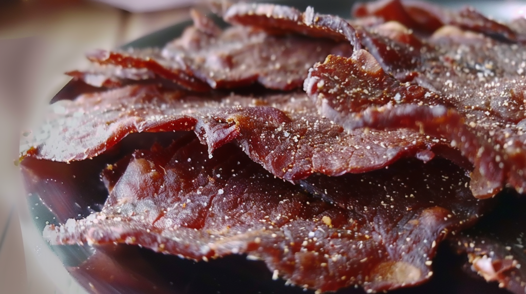 slices of crispy jeef jerky seasoned with black pepper and salt