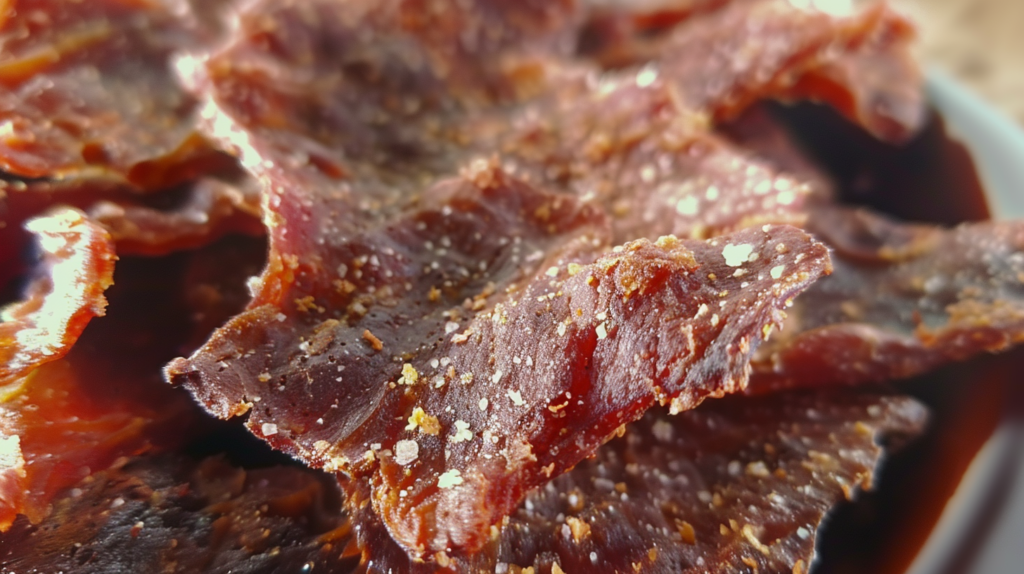 a closeup shot of crispy beef jerky flavored with spices