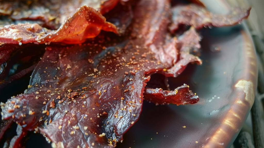 a plate of crispy beef jerky, flavored with garlic and lime
