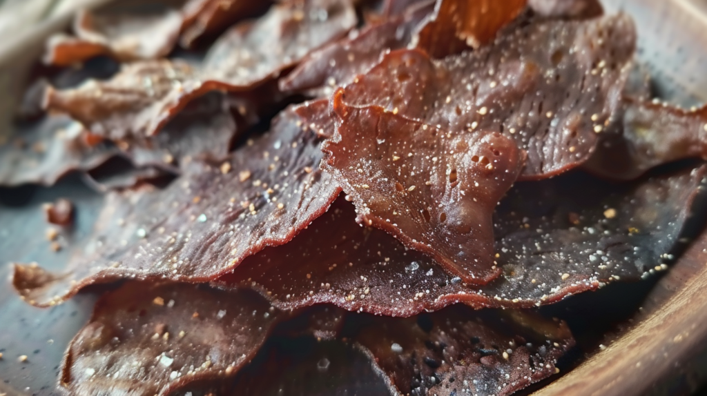 closeup shot of very thin sliced crispy 
beef jerky